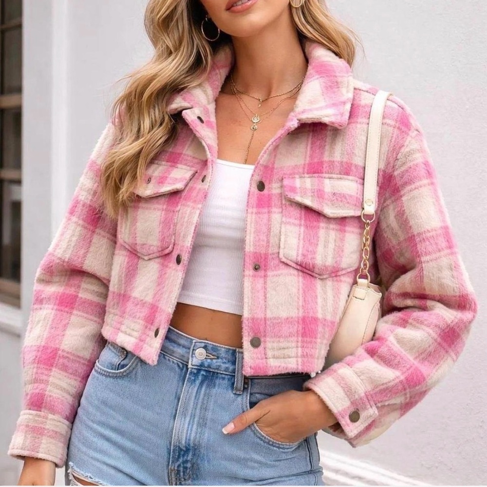 Zara Pink Ivory Plaid Cropped Shacket Oversized Trucker Jacket XS